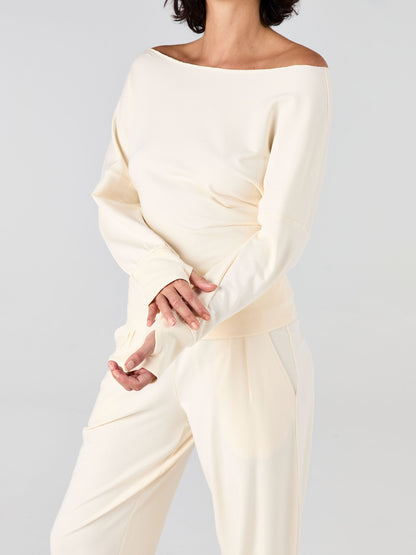 French Terry Off Shoulder Sweatshirt  - Winter White