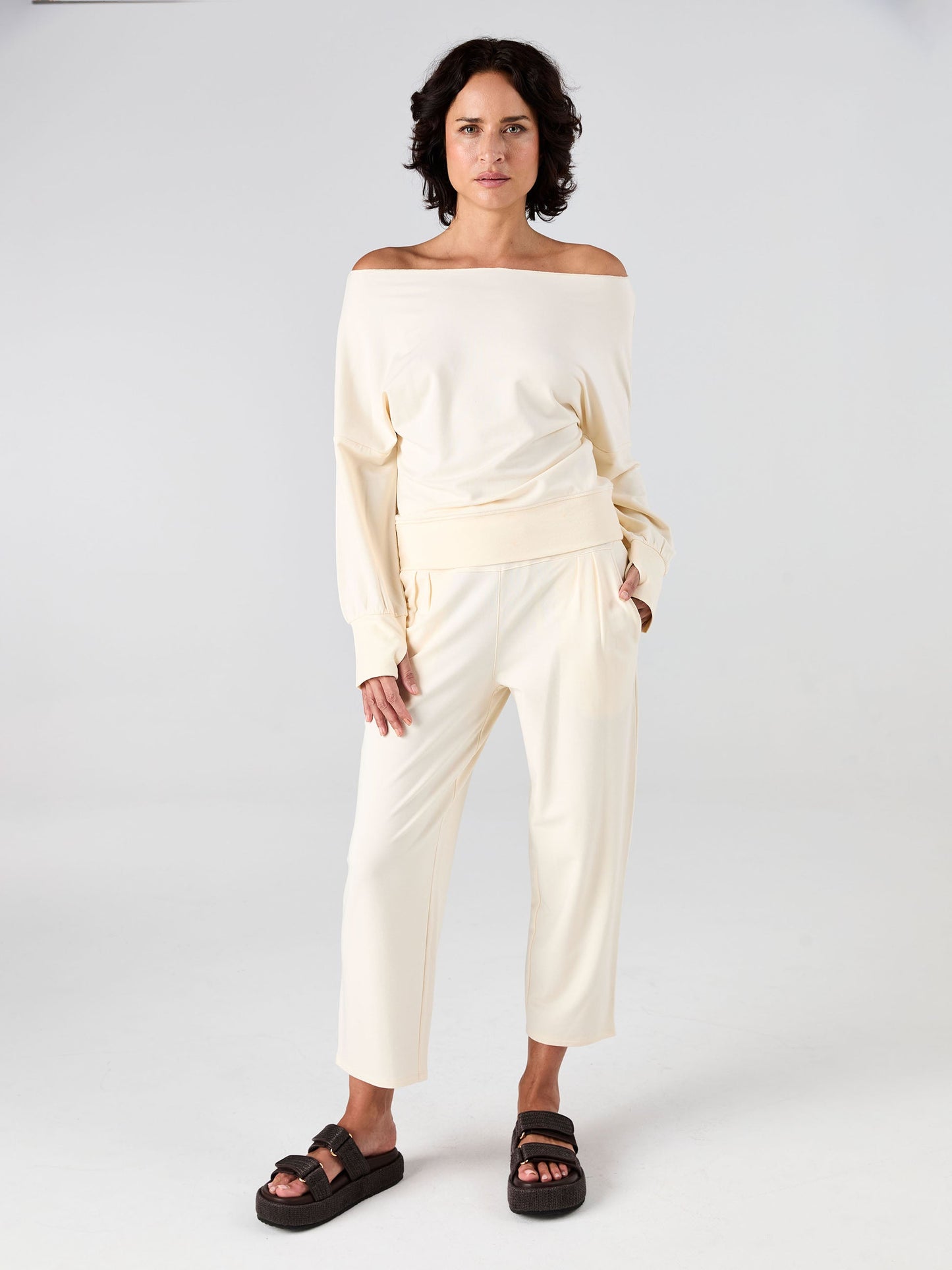 French Terry Off Shoulder Sweatshirt  - Winter White