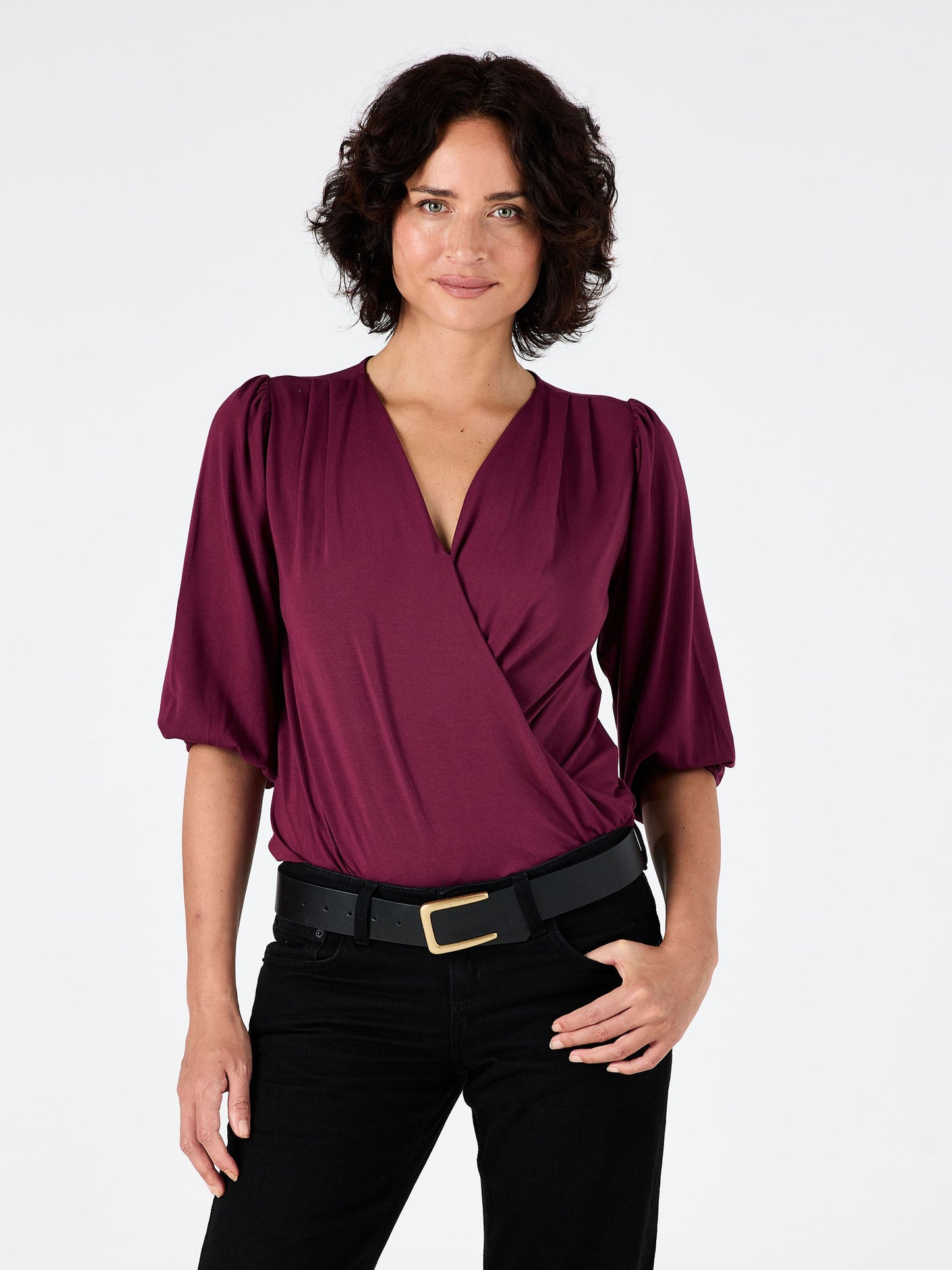 Athena 7/8 Sleeve Drape Top - Ruby