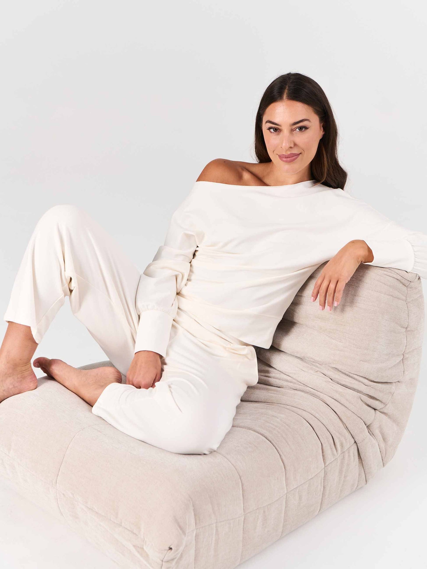 French Terry Off Shoulder Sweatshirt  - Soft White