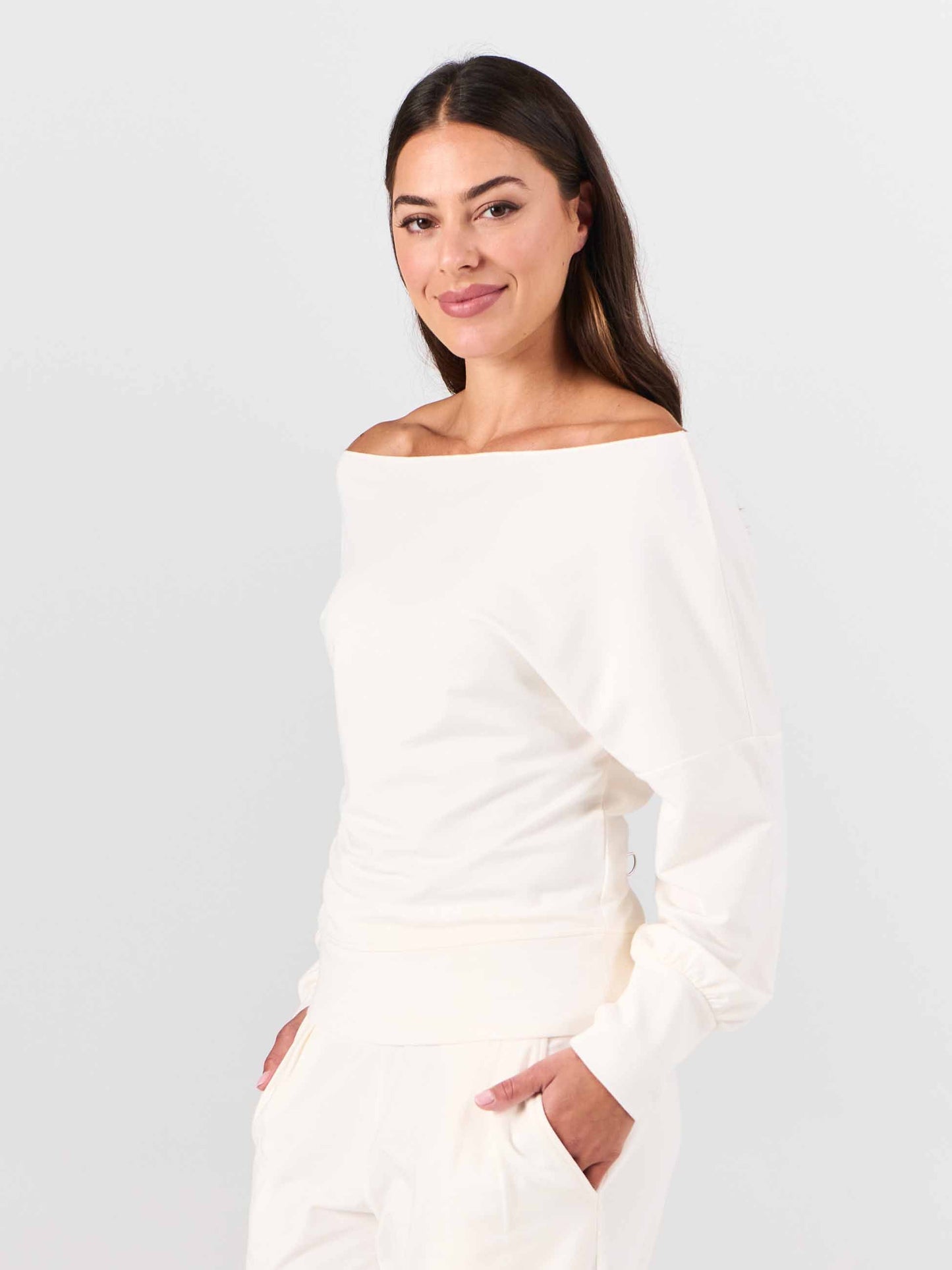 French Terry Off Shoulder Sweatshirt  - Soft White