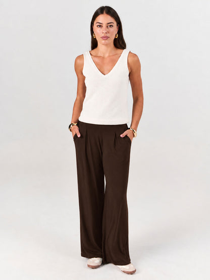 Pleat Front Wide Leg Pants - Coffee Bean