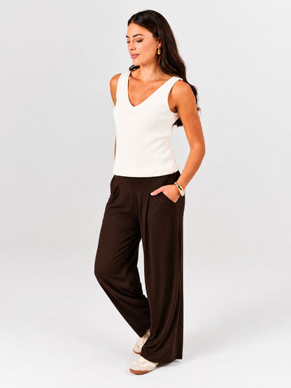 Pleat Front Wide Leg Pants - Coffee Bean