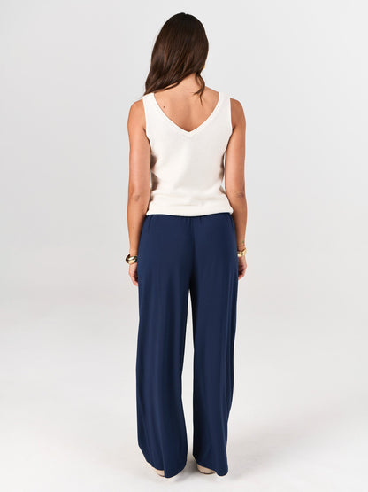 Pleat Front Wide Leg Pants - Navy