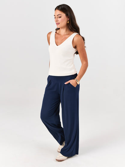 Pleat Front Wide Leg Pants - Navy