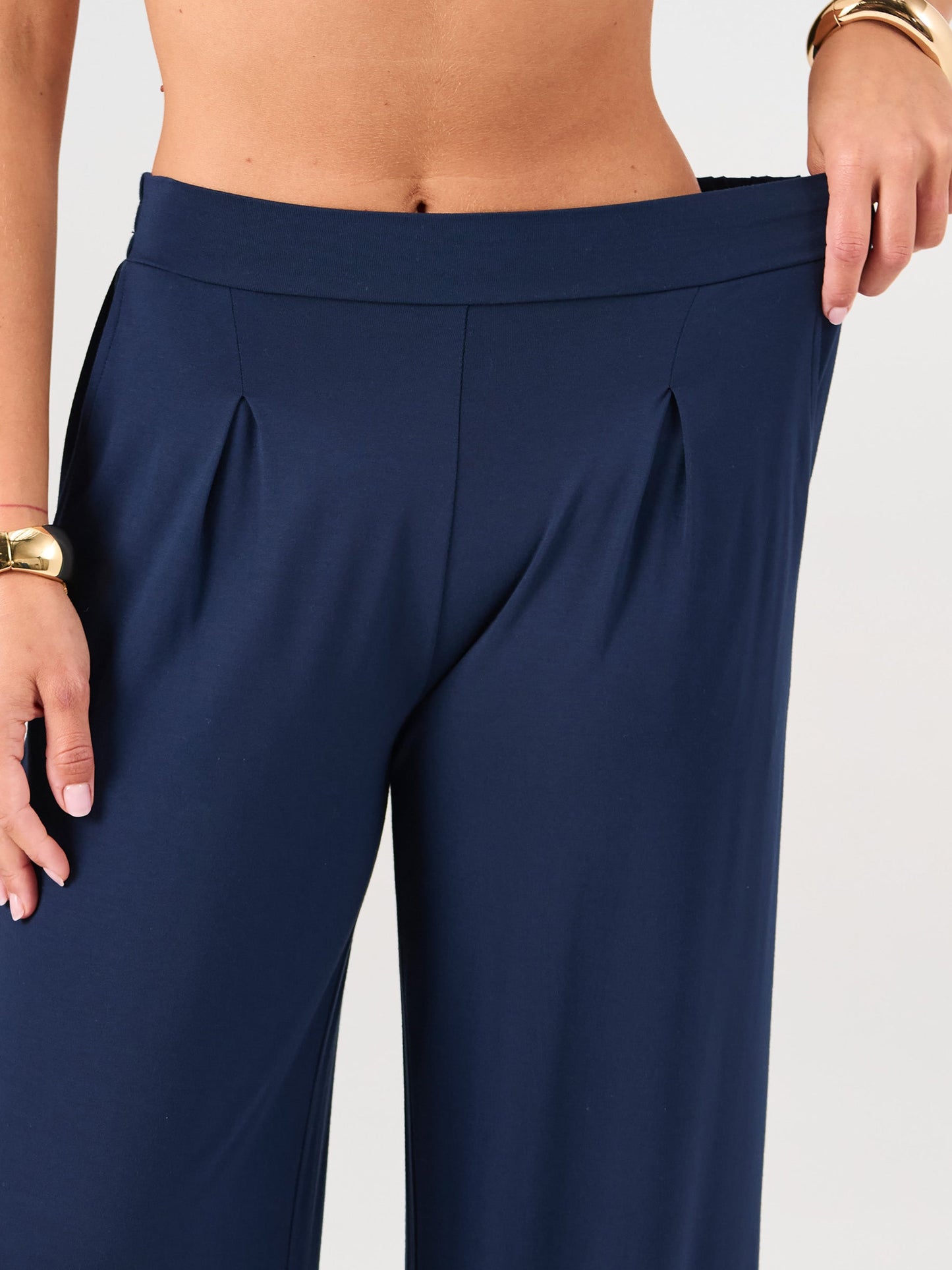 Pleat Front Wide Leg Pants - Navy