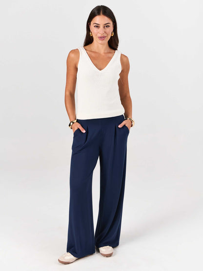 Pleat Front Wide Leg Pants - Navy