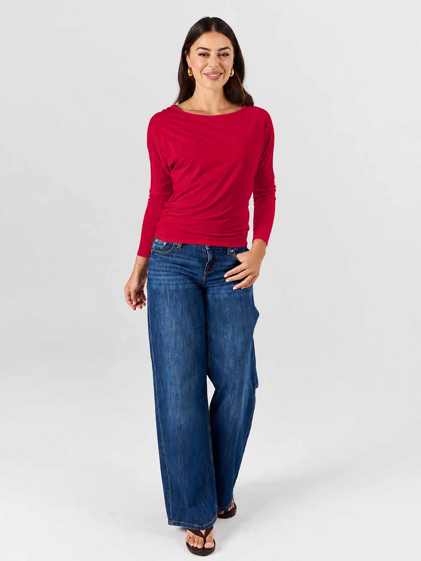 Modal Long Sleeve Off Shoulder Top - Cherry