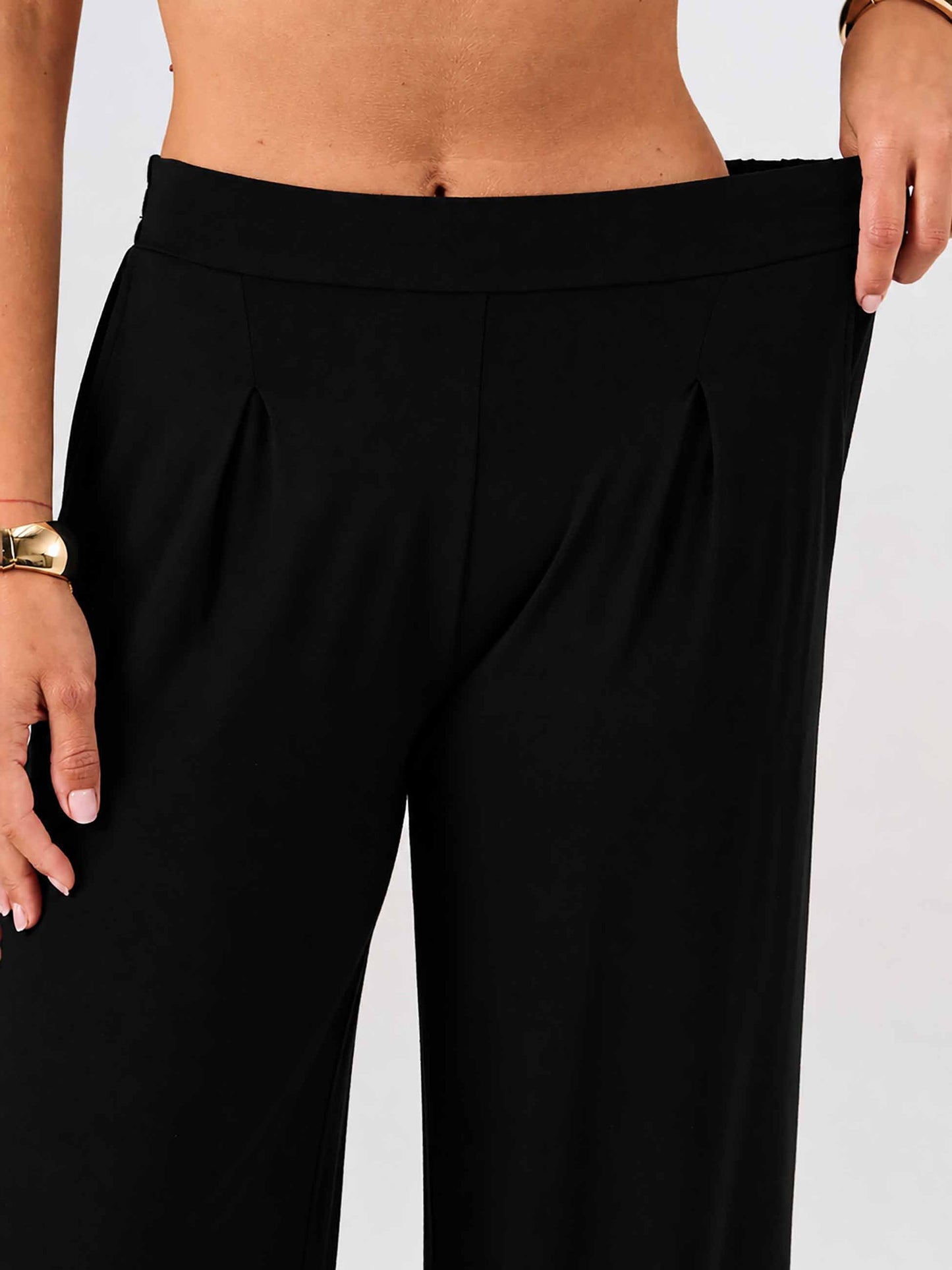 Pleat Front Wide Leg Pants - Black