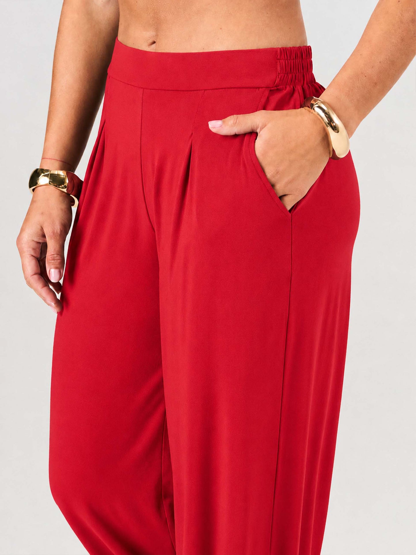 Pleat  Front Wide Leg Pants - Cherry
