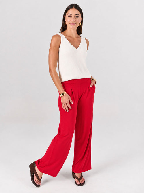 Pleat  Front Wide Leg Pants - Cherry