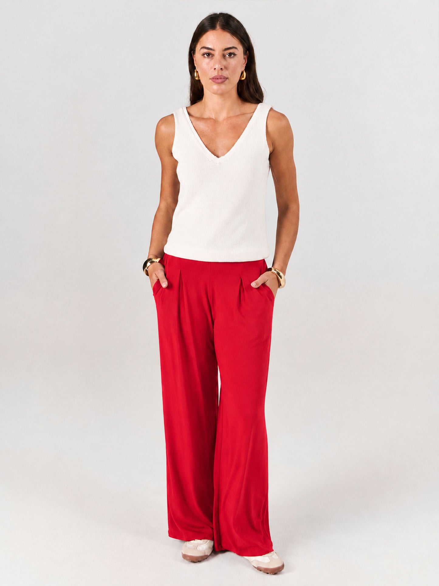 Pleat  Front Wide Leg Pants - Cherry
