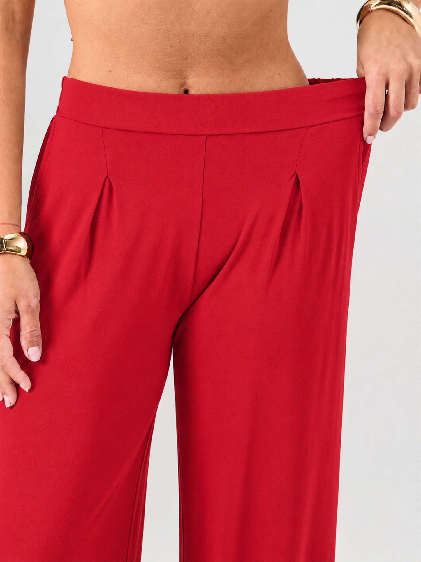 Pleat  Front Wide Leg Pants - Cherry