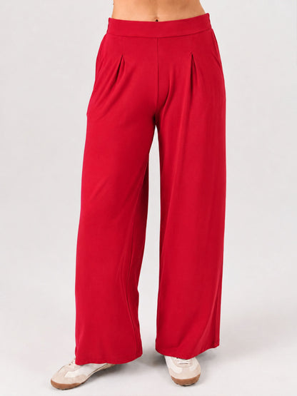 Pleat  Front Wide Leg Pants - Cherry