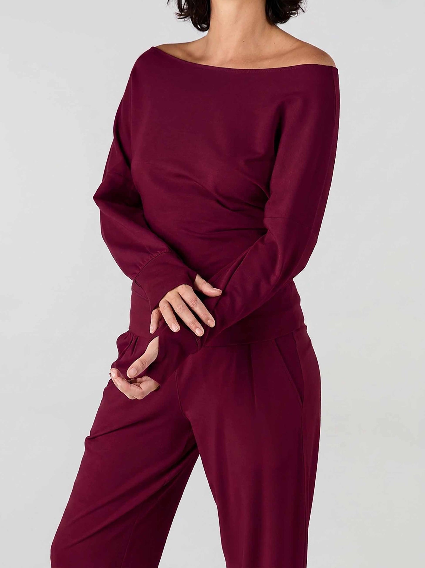 French Terry Off Shoulder Sweatshirt  - Sangria