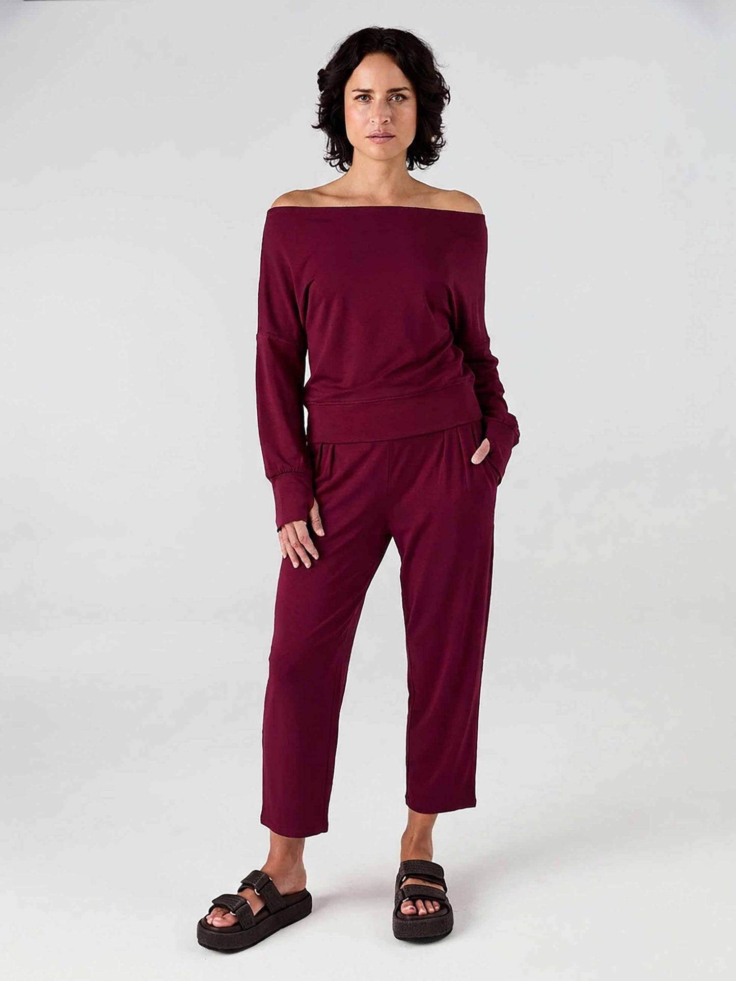 French Terry Off Shoulder Sweatshirt  - Sangria