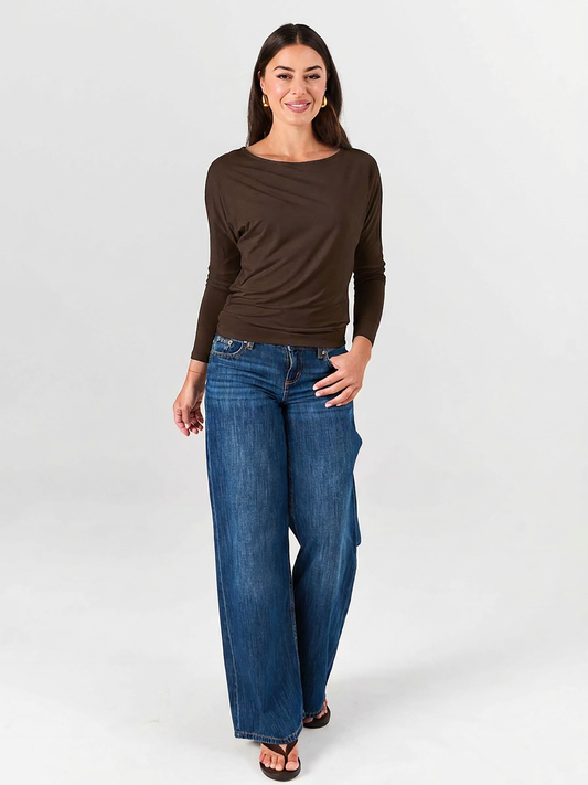 Modal Long Sleeve Off Shoulder Top - Coffee Bean