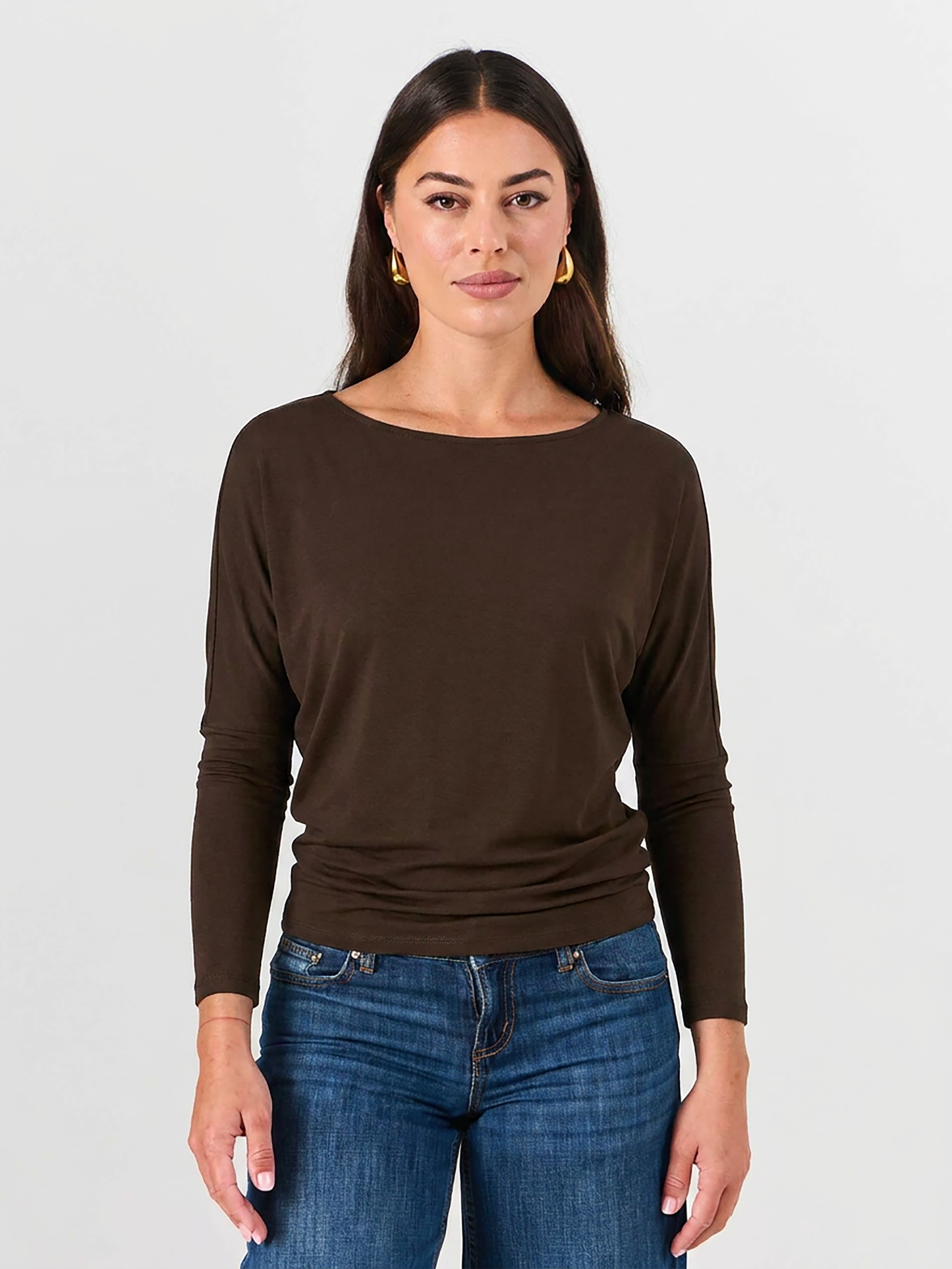 Modal Long Sleeve Off Shoulder Top - Coffee Bean