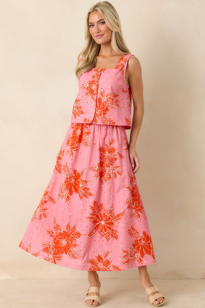 Just One of Those Days Pink & Red Floral Cotton Maxi Skirt