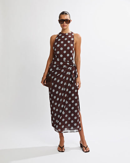 Suri Wrap Maxi Dress Brown/Blue Polka