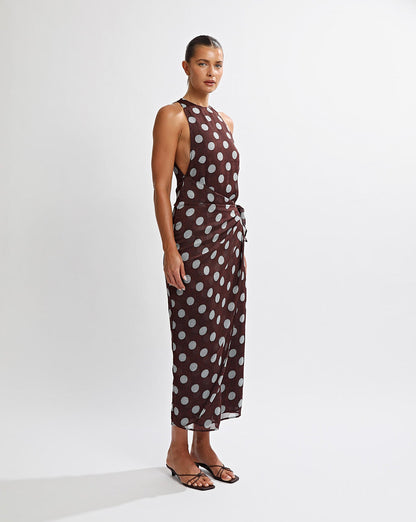 Suri Wrap Maxi Dress Brown/Blue Polka