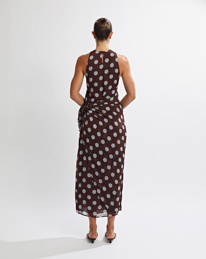Suri Wrap Maxi Dress Brown/Blue Polka