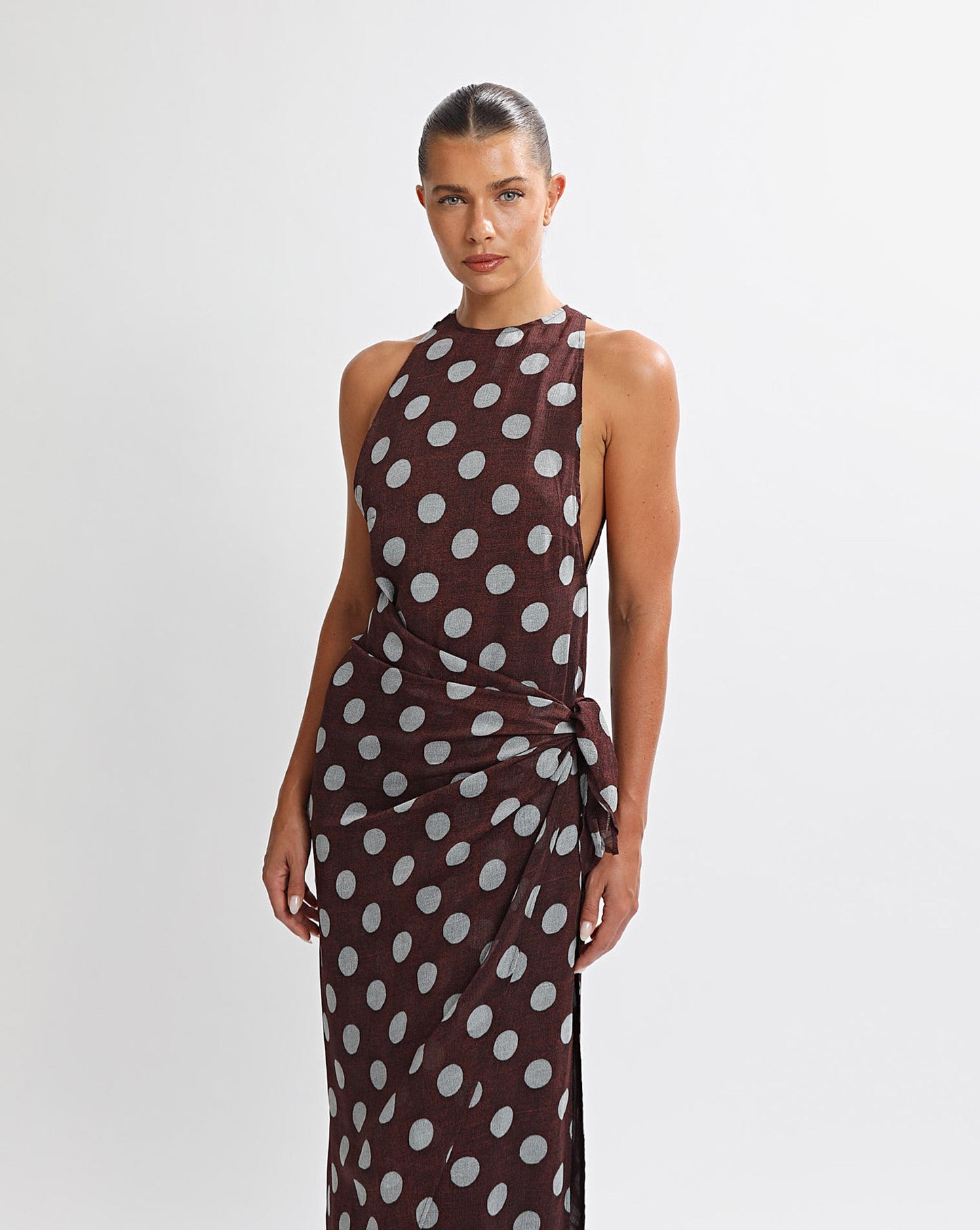 Suri Wrap Maxi Dress Brown/Blue Polka