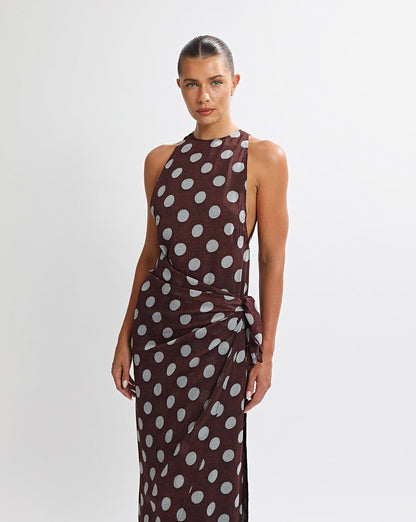 Suri Wrap Maxi Dress Brown/Blue Polka