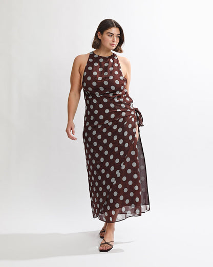 Suri Wrap Maxi Dress Brown/Blue Polka