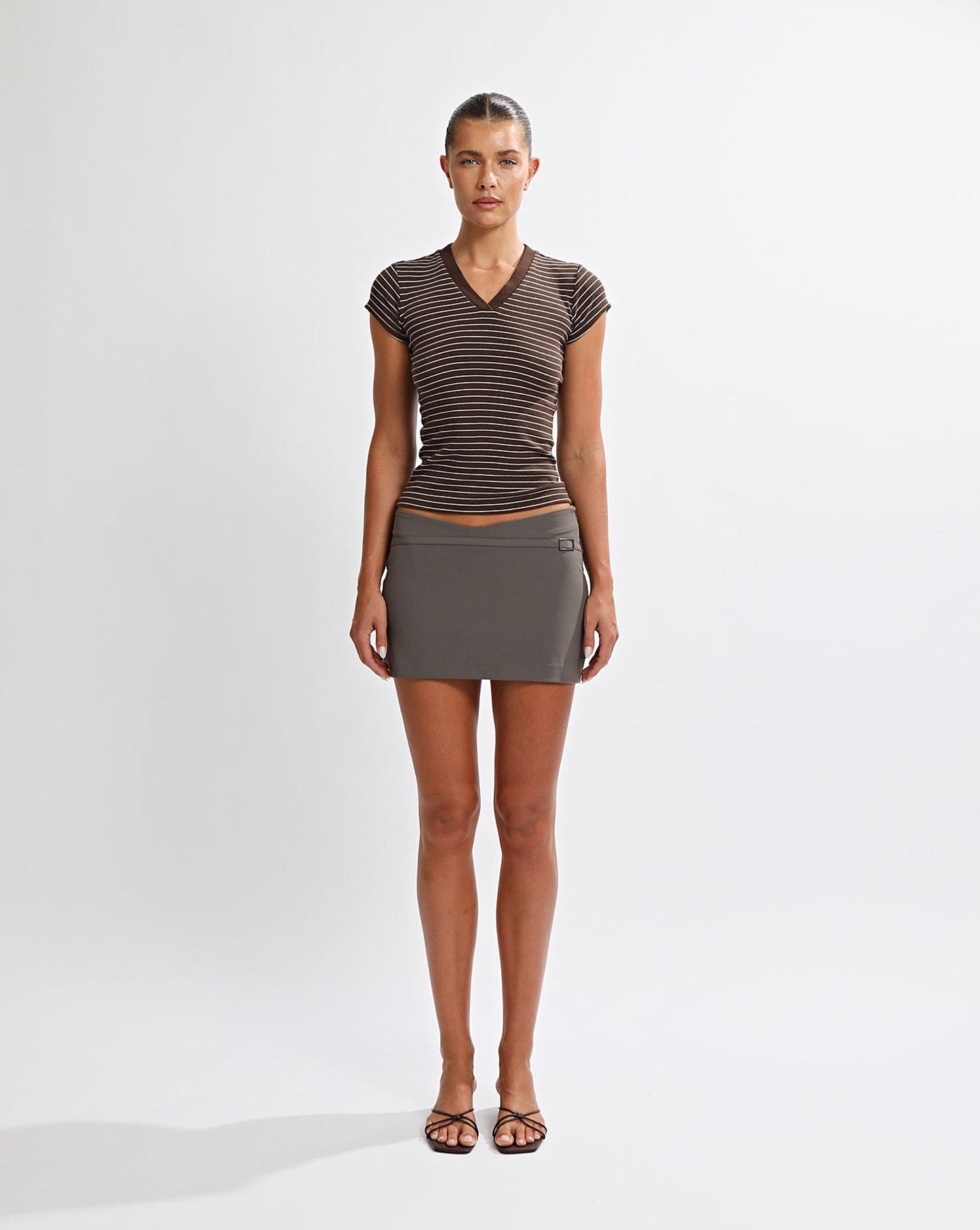 Zeya V Neck Tee Brown/Cream Stripe