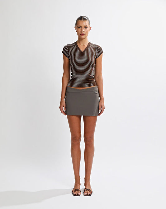 Zeya V Neck Tee Brown/Cream Stripe