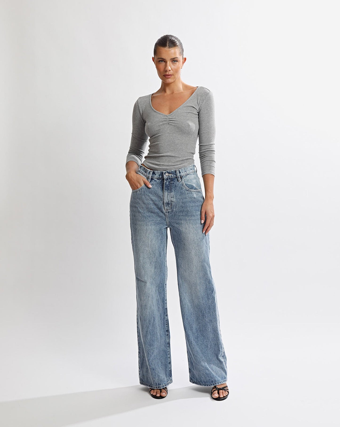 Samantha V Neck Top Grey Marl