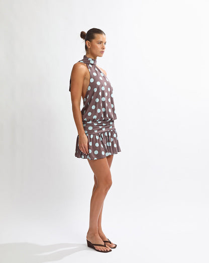 Mira Mini Dress Brown/Blue Polka