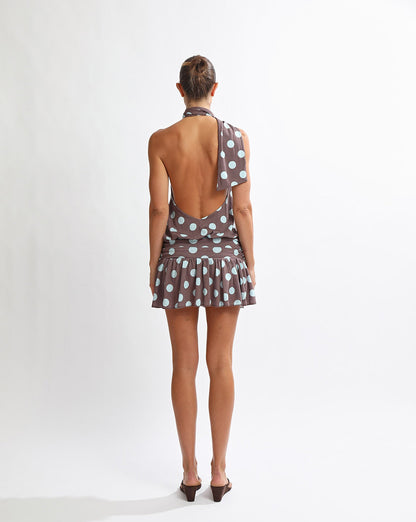 Mira Mini Dress Brown/Blue Polka
