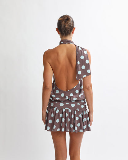 Mira Mini Dress Brown/Blue Polka