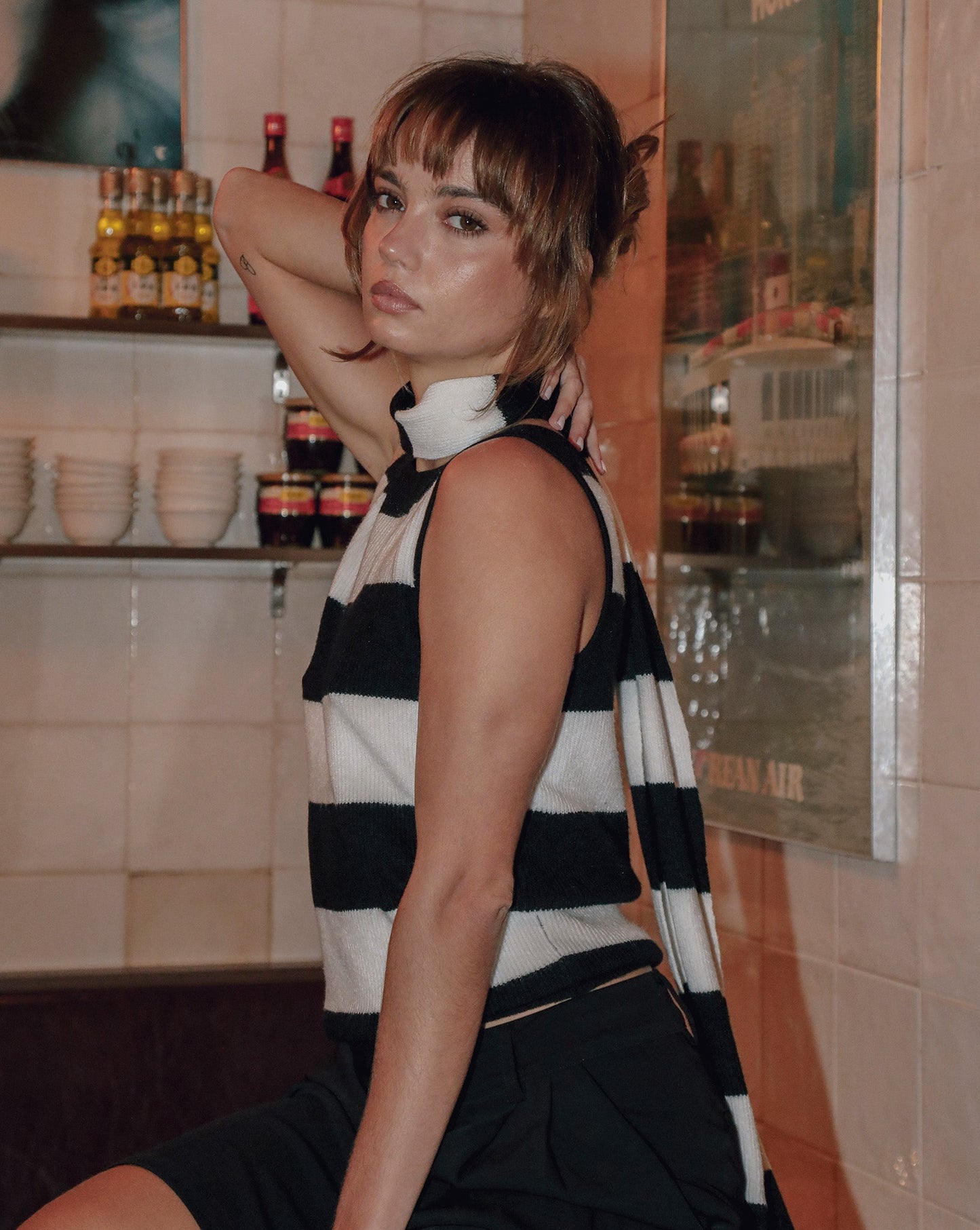 Charlotte Scarf Top Black/White Stripe