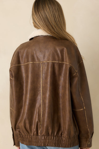 Fly Right Cognac Brown Faux Leather Bomber Jacket