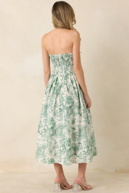 The Genevieve 100% Cotton Green Toile Strapless Midi Dress