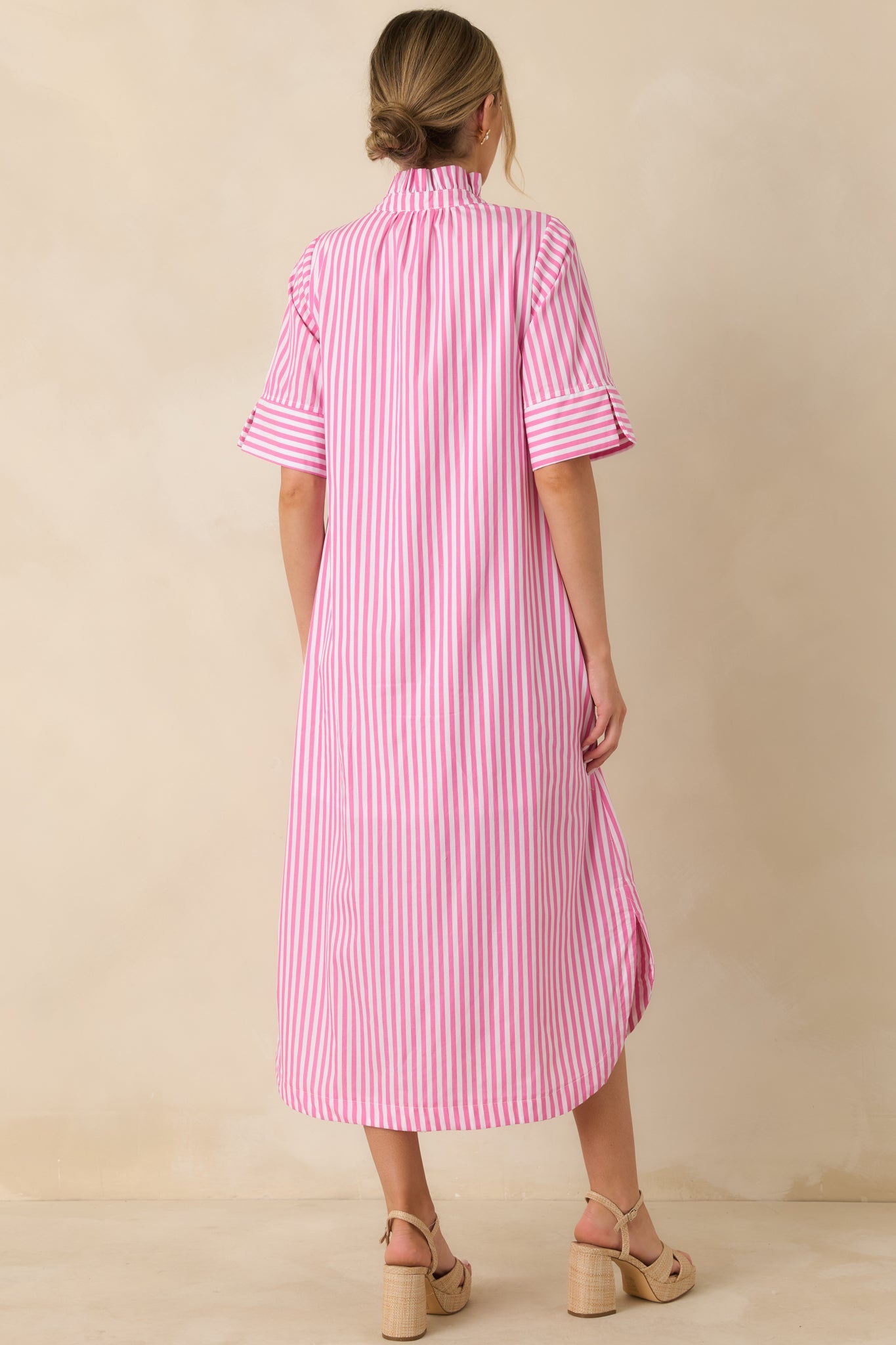 In Perfect Order Pink Stripe Button Front Ruffle Collar Midi Shirt Dress
