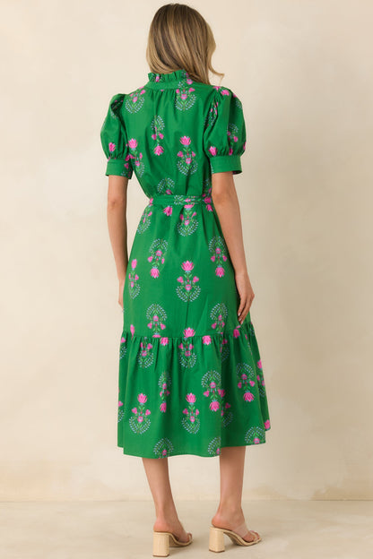 Free To Fly Green Cotton Floral Button Front Midi Dress