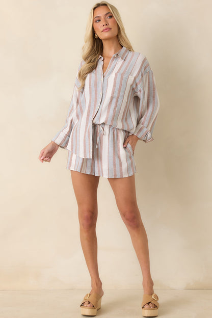 Z Supply The Perfect Beige & Green Stripe Drawstring Shorts