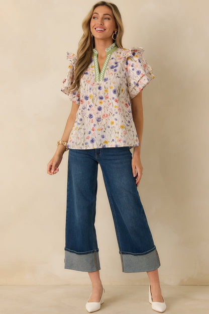 Painted Meadows Ivory Multi Cotton Floral Print Ruffle Sleeve Blouse