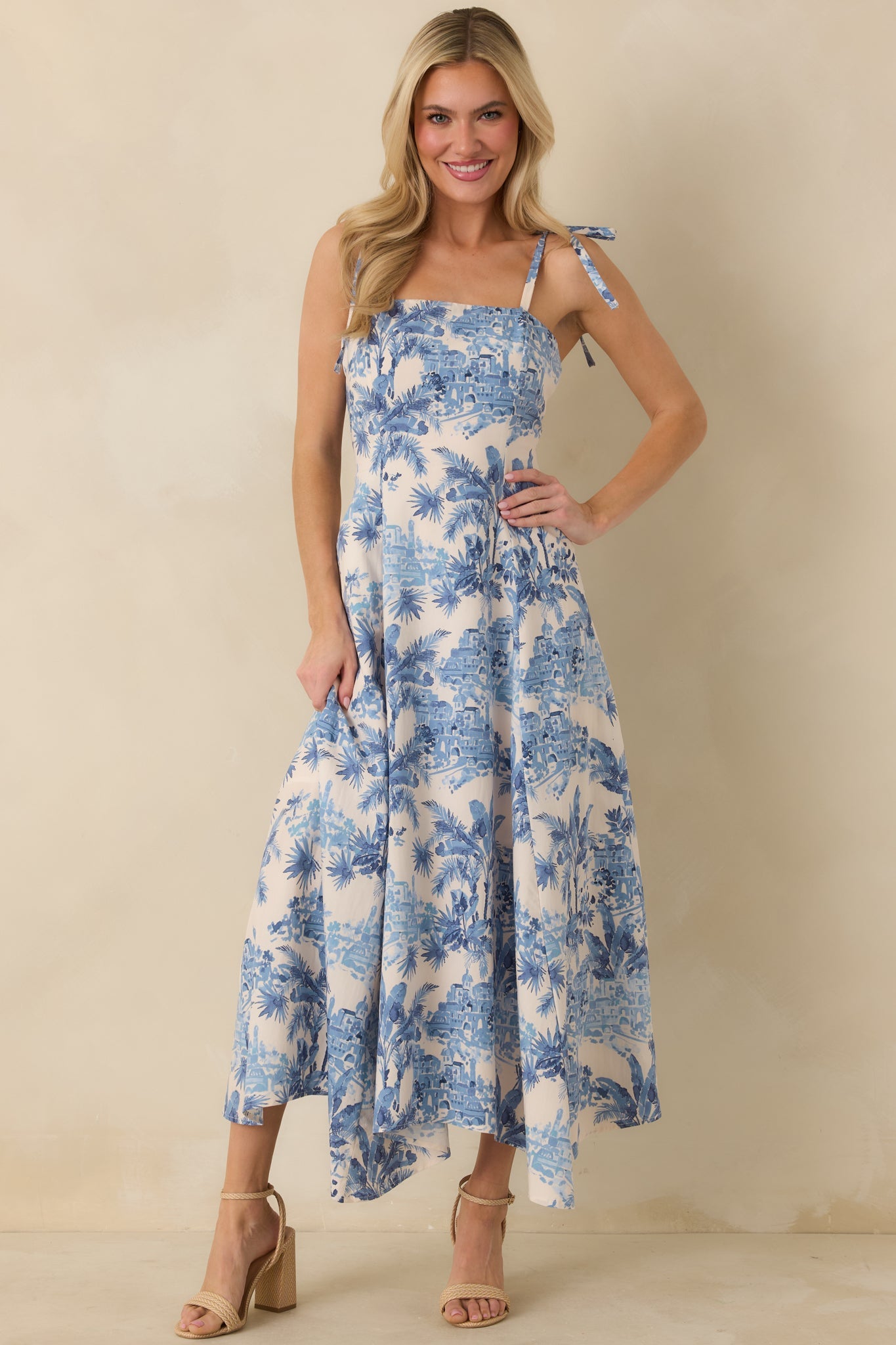 Santorini Sketch Blue Palm Print Tie Strap Maxi Dress