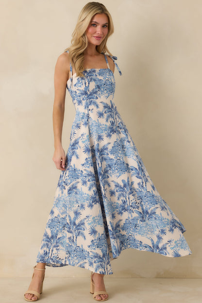 Santorini Sketch Blue Palm Print Tie Strap Maxi Dress