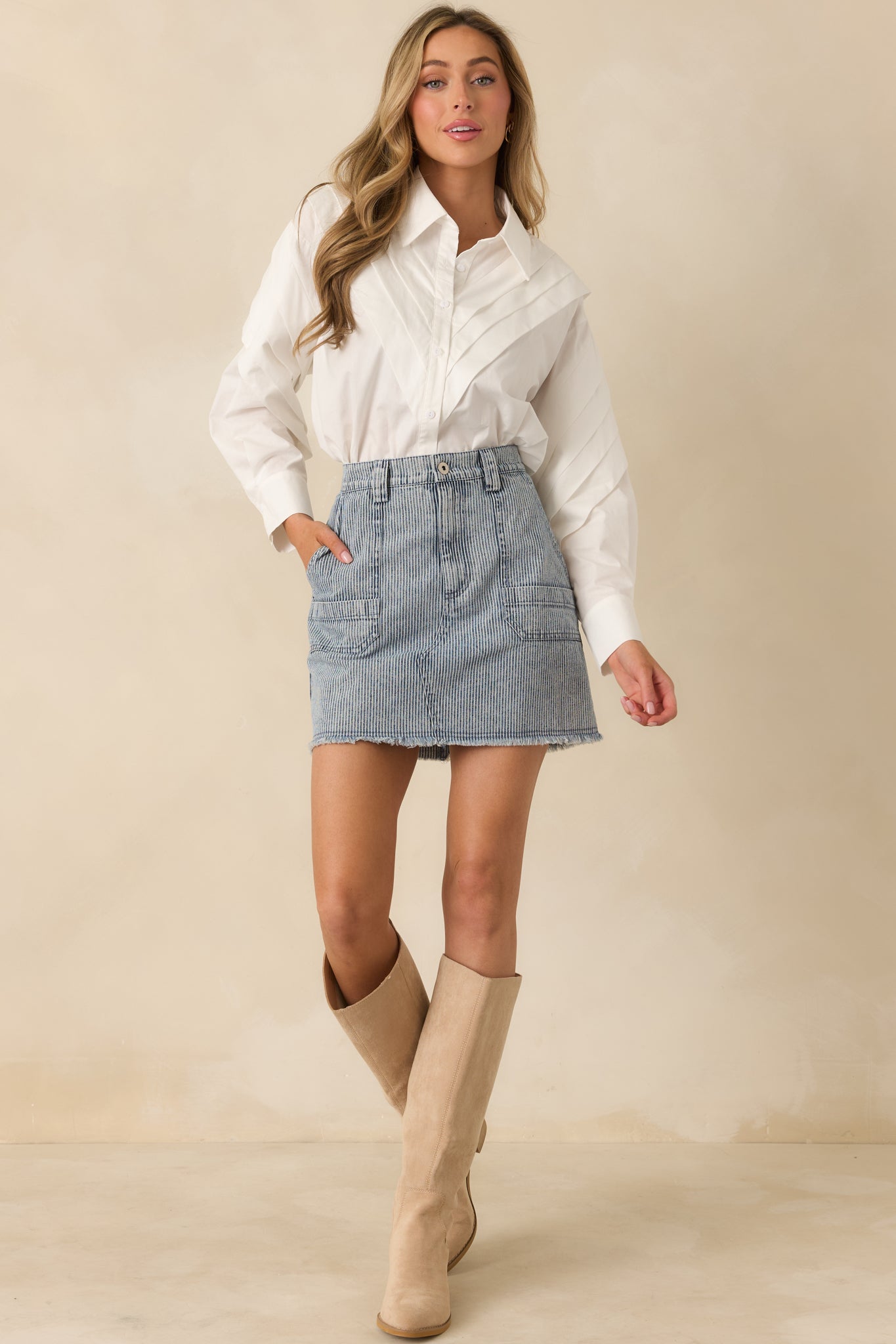 Off the Beaten Path Distressed Blue Stripe Cotton Denim Mini Skirt