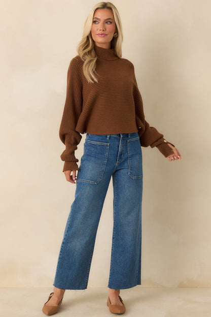Polished Path Brown Ribbed Batwing Cropped Turtleneck Sweater