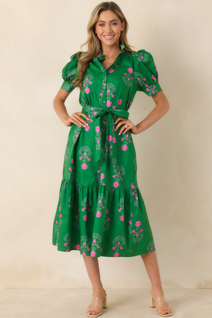 Free To Fly Green Cotton Floral Button Front Midi Dress
