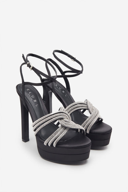 Doll Drama | Black Satin Diamante Strappy Platform Heels