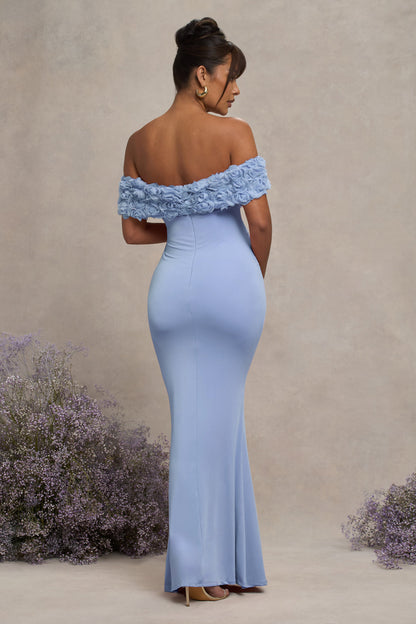 Inflorescence | Powder Blue Mesh Floral Bardot Maternity Maxi Dress