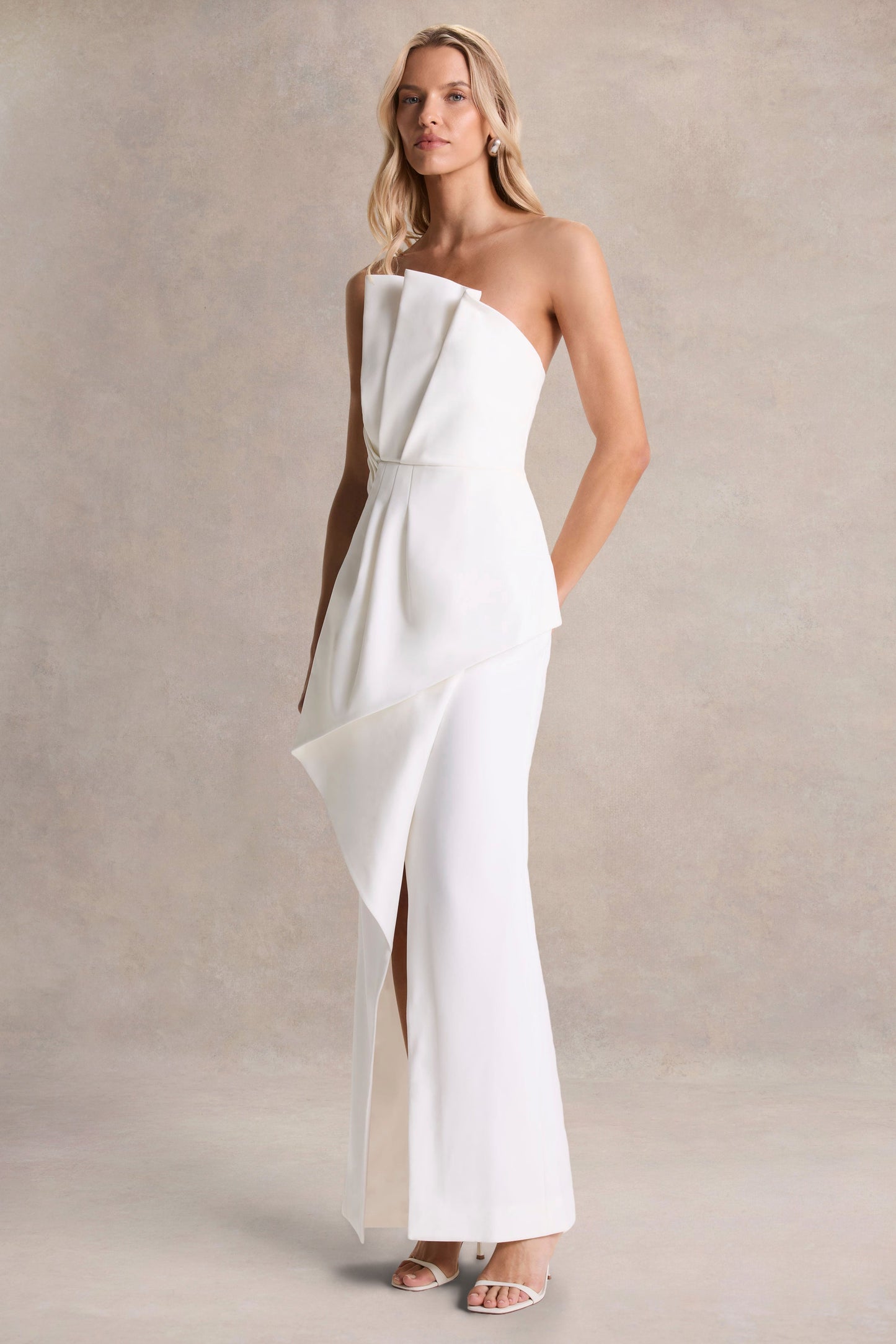 Dreamy Whispers | Cream Strapless Ruffle Split Maxi Dress